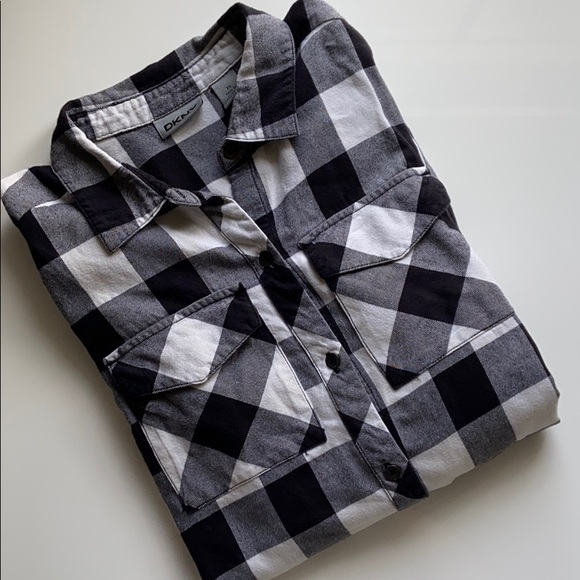 DKNY Button Up Plaid Cotton Roll-Tab-Sleeve Shirt - Picture 2 of 6